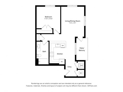 Floor plan for 1 bed, 1 bath, 745 sqft
